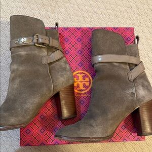 Tory Burch Brown Suede Heeled Boots with Side Zipper